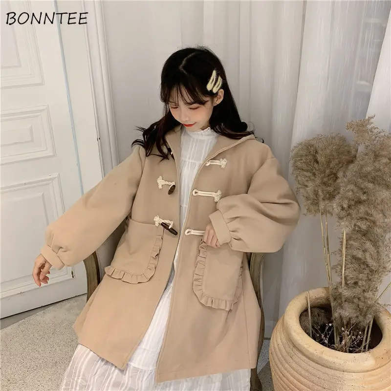 

Blends Women Invierno Mujer Sweet Wool Coat Female Hooded Horn Button Pockets BF Solid Lantern Sleeve Loose Thick Teens Outwear