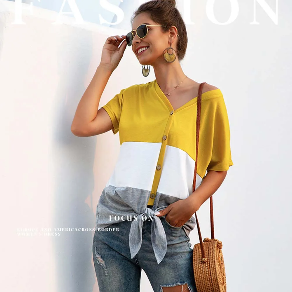 street casual short sleeve Knotted hem loose o neck spring t shirt for women Summer Women Tricolor stitching women t shirt
street casual short sleeve Knotted hem loose o neck spring t shirt for women Summer Women Tricolor stitching women t shirt