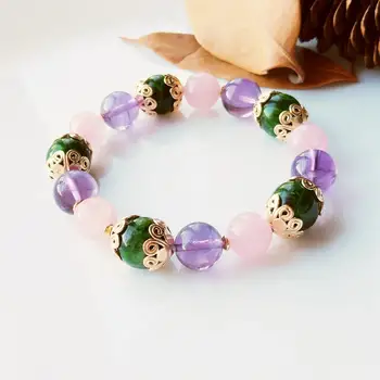 Lii Ji Unique Genuine Natural Stone Bracelet Rose Quartz Amethyst Dioptase 925 Sterling Silver Gold Color Streched Bracelet
Lii Ji Unique Genuine Natural Stone Bracelet Rose Quartz Amethyst Dioptase 925 Sterling Silver Gold Color Streched Bracelet