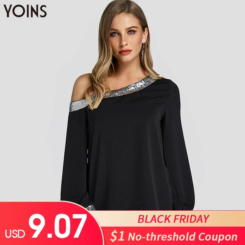 

YOINS Sequins Patchwork One Shoulder Lantern Sleeve Blouse 2019 Women Fashion Shirt Casual Tops Tunic Pullovers Party Dating