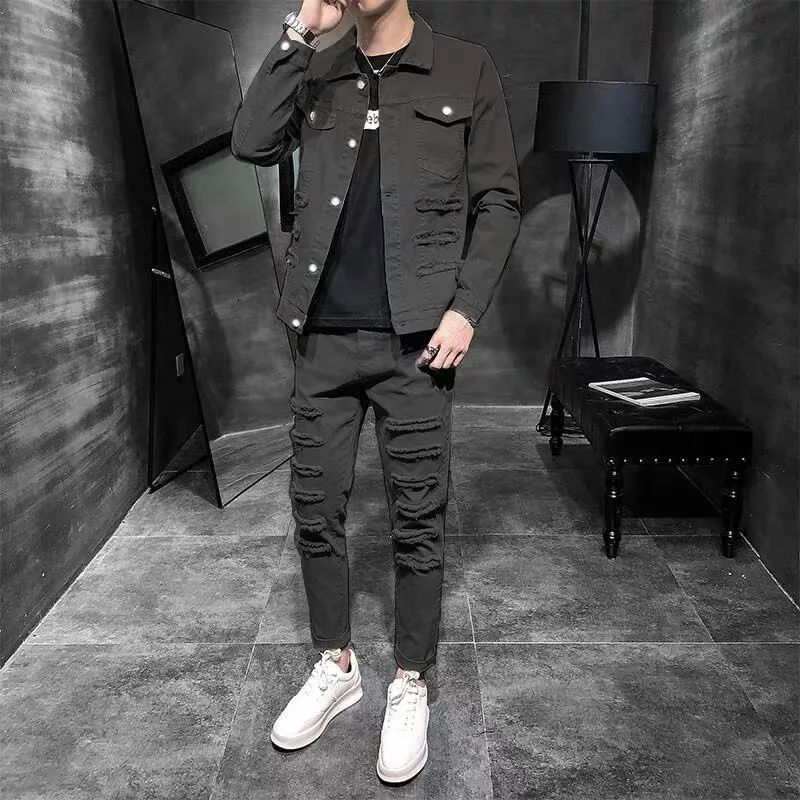 

Fashion Mens Casual Two Piece Cargo Denim Sets Punk Hole Ripped Jackets Ankle Length Slim Fit Jeans Biker Cowboy Matching Set