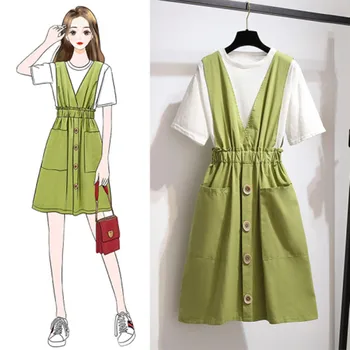 Summer Women Single-breasted Double Pocket Suspender Skirt Ruched Ruffles Skirt Two piece Set White Tshirt A-line Solid Dress
Summer Women Single-breasted Double Pocket Suspender Skirt Ruched Ruffles Skirt Two piece Set White Tshirt A-line Solid Dress