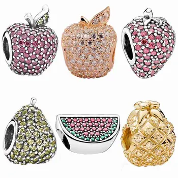 

Original Pave Apple Watermelon Strawberry Whimsical Pear Pineapple Charm 925 Sterling Silver Beads Fit Bracelet DIY Jewelry