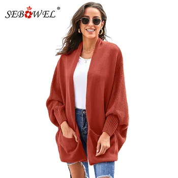 

SEBOWEL Woman's Ribbed Knit Batwing Sleeve Cardigans Sweater Female Shawl Neckline Patch Pockets Cardigan Sweaters Autumn Winter