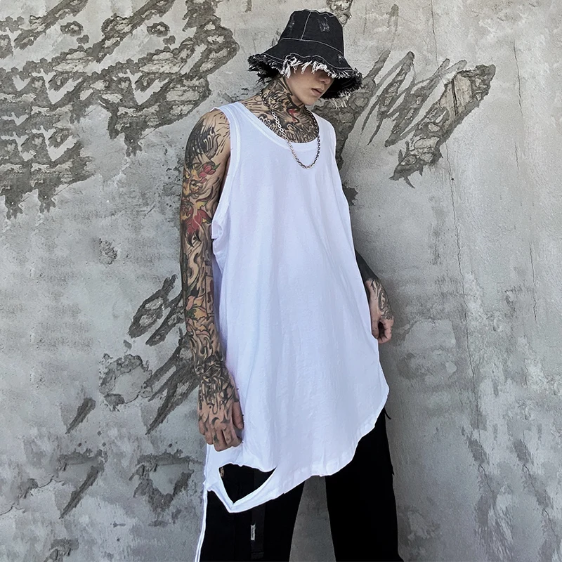 

Abstinence trend loose sleeveless T-shirt men's all-match basic solid color hem hole bottoming vest waistcoat handsome