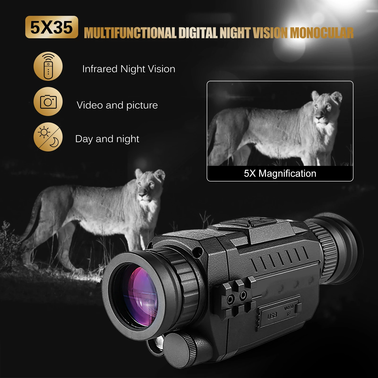 5X35 Digital Infrared Night Vision Monocular Telescope Hunting Camera Optics Video Recording Night Vision Device Thermal Imager
5X35 Digital Infrared Night Vision Monocular Telescope Hunting Camera Optics Video Recording Night Vision Device Thermal Imager
