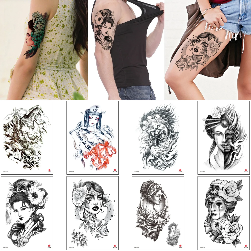 Fake Black Tattoo Ancient Beauty Women Guan Yu Tearing Girl Design Water Transfer Temporary Sticker Body Arm Back Leg Men | Красота и