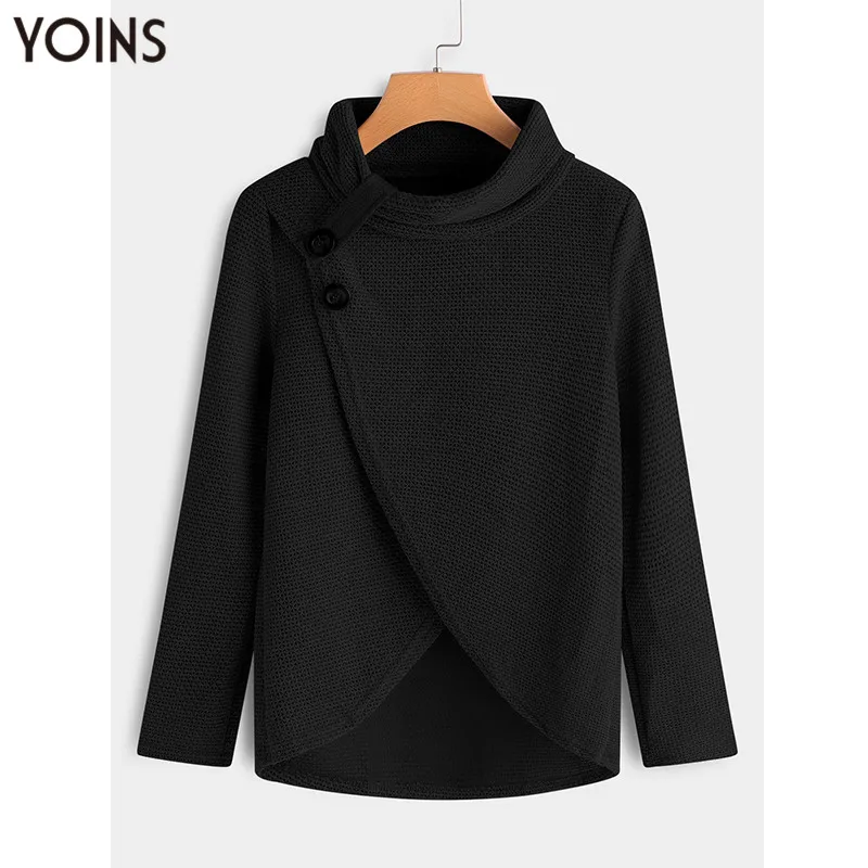 

YOINS 2019 Autumn Winter Spring Women Sweaters Crossed Front Turtleneck Long Sleeve Irregular Hem Button Jumper Pullover