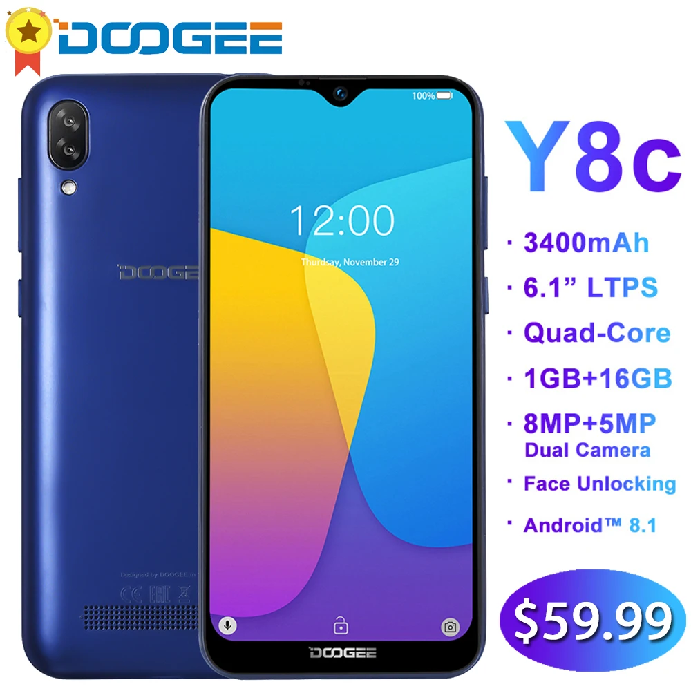 

DOOGEE Y8c 6.1inch 19:9 Waterdrop LTPS Screen Smartphone Face unlocking 16GB ROM 8MP+5MP Mobile Phone 3400mAh Android 8.1 WCDMA