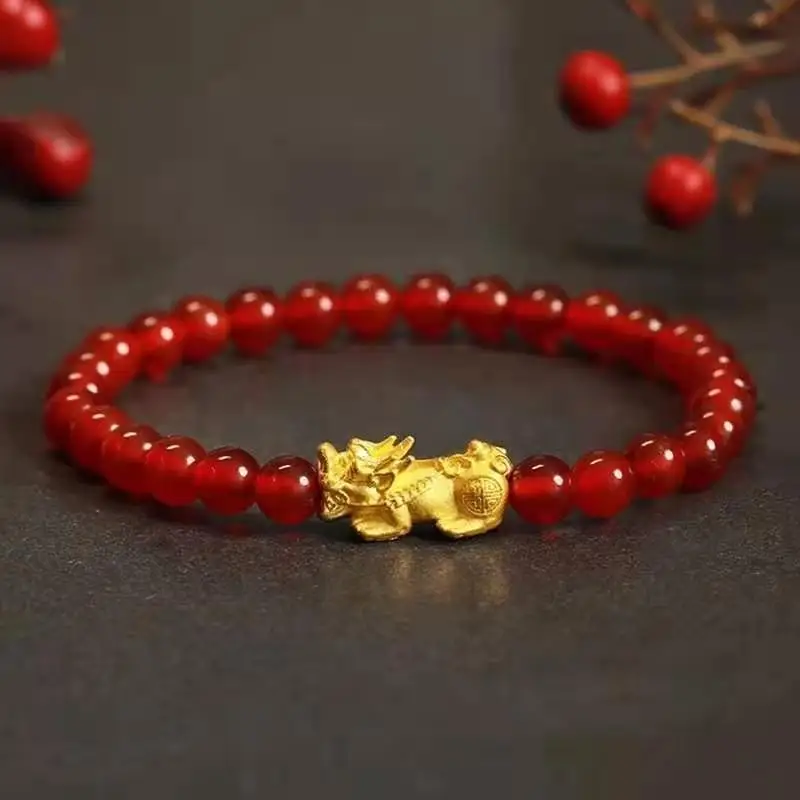 MIQIAO Pure 24K 999 Золото Pixiu браслет ручной работы гранат бусины бриллианты для женщин