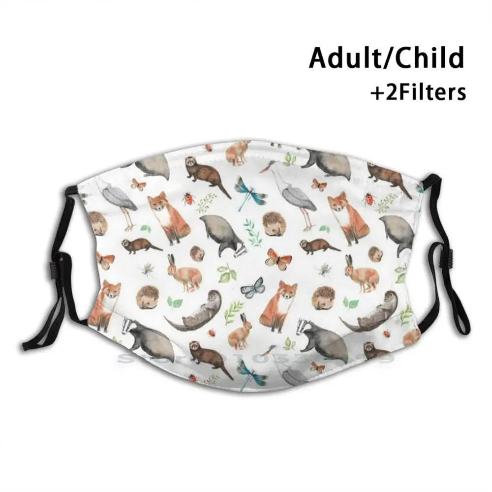 

British Wildlife Reusable Mouth Face Mask With Filters Kids Fox Badger Heron Hare Hedgehog Otter Polecat Wildlife Wild British