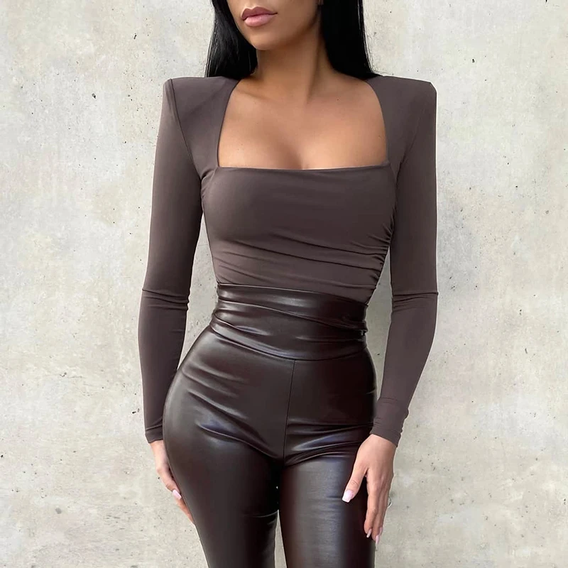 

Brown Runched Bodycon Female Bodysuit Women Long Sleeve Square Collar Sheath Open Crotch Black Overalls Women Body Sexy Y2k Top
