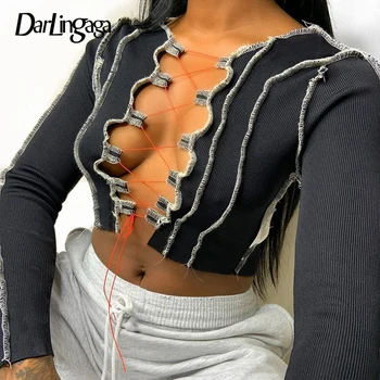 Darlingaga Streetwear Stripe Patchwork Ribbed Long Sleeve T shirt Women Lace Up Hollow Out Crop Tops Tees Bandage Autumn T-shirt
Darlingaga Streetwear Stripe Patchwork Ribbed Long Sleeve T shirt Women Lace Up Hollow Out Crop Tops Tees Bandage Autumn T-shirt