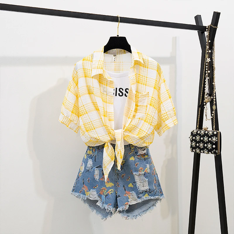2020 Female Summer Short Sleeve Two Piece Korea Cloth Plaid Shirt Print Jean Shorts Women's Casual Sets
2020 Female Summer Short Sleeve Two Piece Korea Cloth Plaid Shirt Print Jean Shorts Women's Casual Sets