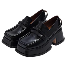 

2021 Lolita Girl's Square Toe Oxfords Casual Flat Platforms Shiny Black Leather Women's Autumn New Shoes Slip-on Lazy Loafers