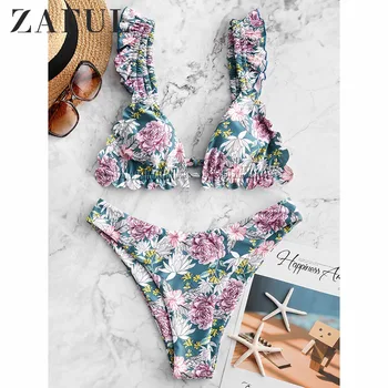 

ZAFUL Sexy Women Ruffle Bikini Floral Print Swimsuit Strapless Swimwear String High Cut Bathing Suit Monokini Bikini Set