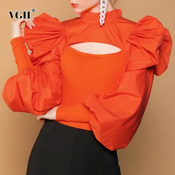 VGH Patchwork Hollow Out T Shirt For Women Stand Collar Puff Sleeve Black Casual Tops Female 2020 Fall Fashion Clothing New Tide
VGH Patchwork Hollow Out T Shirt For Women Stand Collar Puff Sleeve Black Casual Tops Female 2020 Fall Fashion Clothing New Tide