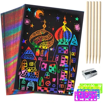 50 Sheets Scratch Paper Art Set Rainbow Magic Color Creative Craft Kit with 5 Wooden Stylus 4 Drawing Rulers 1 Pencil Sharpenner
50 Sheets Scratch Paper Art Set Rainbow Magic Color Creative Craft Kit with 5 Wooden Stylus 4 Drawing Rulers 1 Pencil Sharpenner