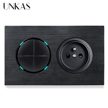 UNKAS 4 Gang 1 Way / 2 Way + French Standard Wall Power Socket On / Off Light Switch LED Indicator Black Aluminum Panel 16A
UNKAS 4 Gang 1 Way / 2 Way + French Standard Wall Power Socket On / Off Light Switch LED Indicator Black Aluminum Panel 16A