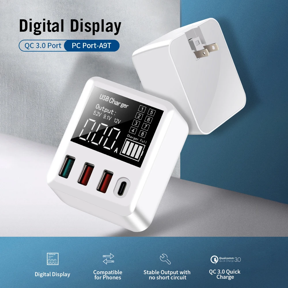WLX-A9T Portable Quick Charge Multiple Protection Digital Display Smart Multi-port USB Fast Charger For Laptops
WLX-A9T Portable Quick Charge Multiple Protection Digital Display Smart Multi-port USB Fast Charger For Laptops