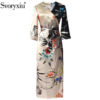 Svoryxiu Designer Summer Silk Nightgown Dress Women's Long Sleeve V-Neck Color Matching Flower Print Vintage Party Long Dresses 
Svoryxiu Designer Summer Silk Nightgown Dress Women's Long Sleeve V-Neck Color Matching Flower Print Vintage Party Long Dresses