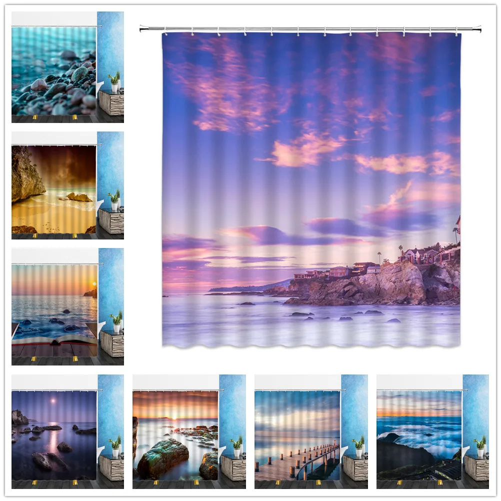 

Summer Beach Scenery Shower Sunset Rock Waves Seaside City 3D Print Bathroom Home Decor Waterproof Polyester Cloth Curtain Set