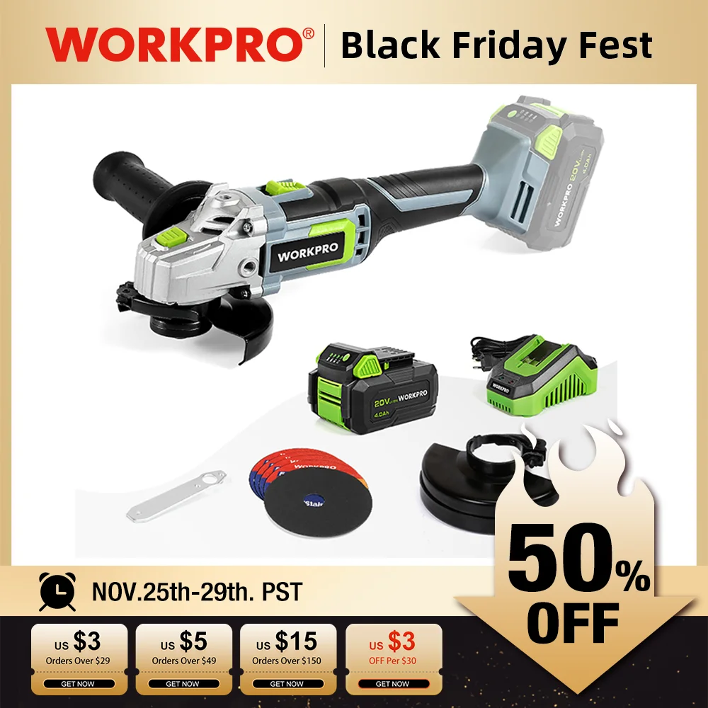 WORKPRO 20 в литий-ионная аккумуляторная угловая шлифовальная машина 125 мм с батареей