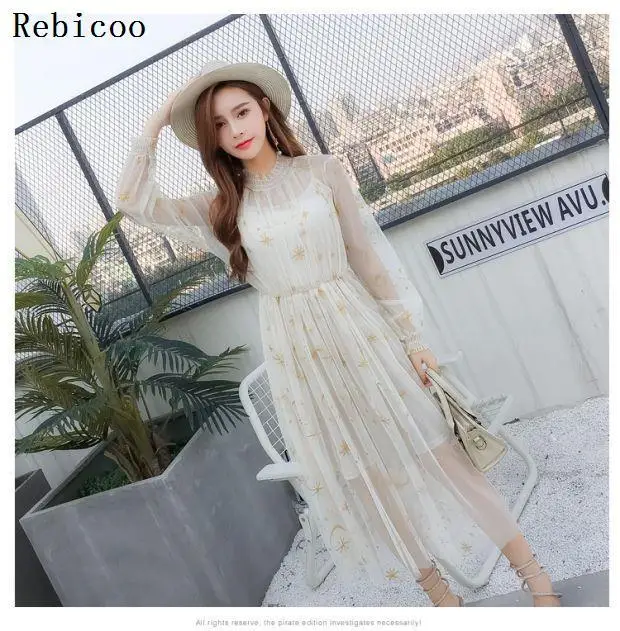 Women Spring Autumn Sexy Sheer O-Neck Lace Dress Embroidery Starry Sky Sweet Party Flare Skater With Lining Dresses
Women Spring Autumn Sexy Sheer O-Neck Lace Dress Embroidery Starry Sky Sweet Party Flare Skater With Lining Dresses