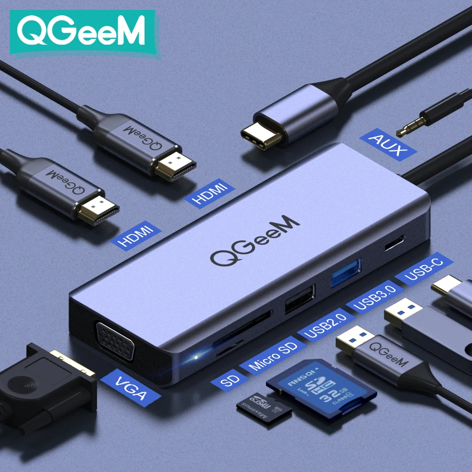 

QGeeM USB C Hub for Macbook Pro Air Dual HDMI VGA Micro SD Card Readers Aux PD OTG Multi USB Hub 3.0 Type C Adapter for Notebook