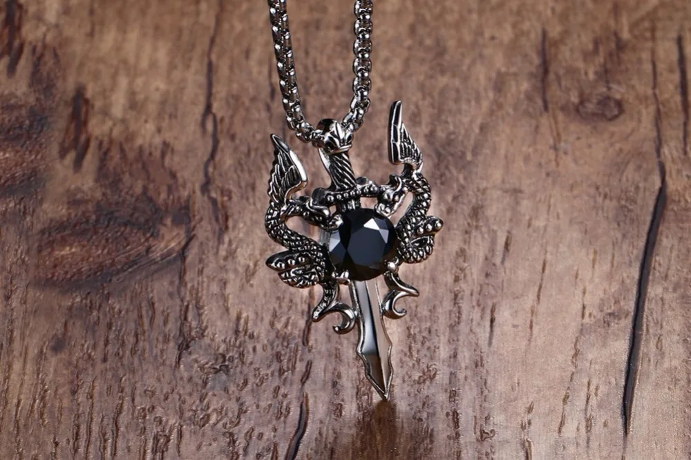 Men Double Dragon Cross Sword Pendant Necklace 12