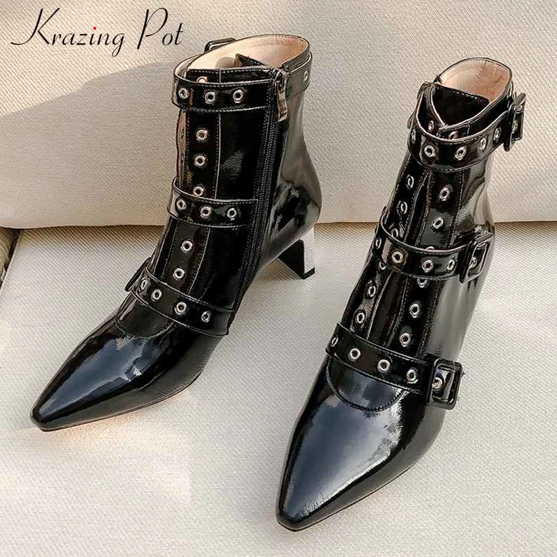 krazing pot handsome rivets buckle straps motorcycles boots pointed toe high heels mixed colors lace up women ankle boots L58
krazing pot handsome rivets buckle straps motorcycles boots pointed toe high heels mixed colors lace up women ankle boots L58