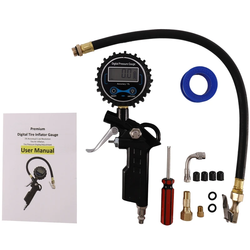 Digital Tire Inflator Pressure Gauge, 250 PSI Heavy Duty Air Chuck and Compressor Accessories with Hose and Quick Connect Plug f
Digital Tire Inflator Pressure Gauge, 250 PSI Heavy Duty Air Chuck and Compressor Accessories with Hose and Quick Connect Plug f