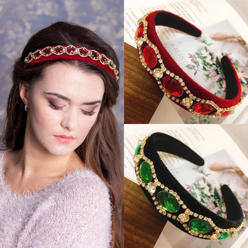 

2 Colors Retro Red Green Jewelled Gem Baroque Rhinestone Headband Hairband Embellished With Rhinestones Velvet Beaded Hairbands