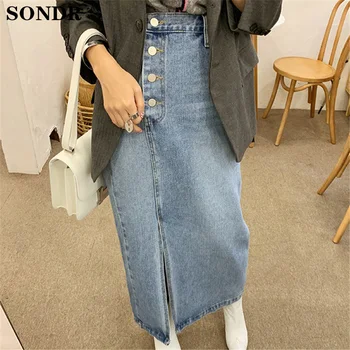 High Waist Women Denim Skirt 2020 New Summer Fashion Streetwear Midi Side Four Buttons Side Spilt Skirt Korean Straight Skirts
High Waist Women Denim Skirt 2020 New Summer Fashion Streetwear Midi Side Four Buttons Side Spilt Skirt Korean Straight Skirts