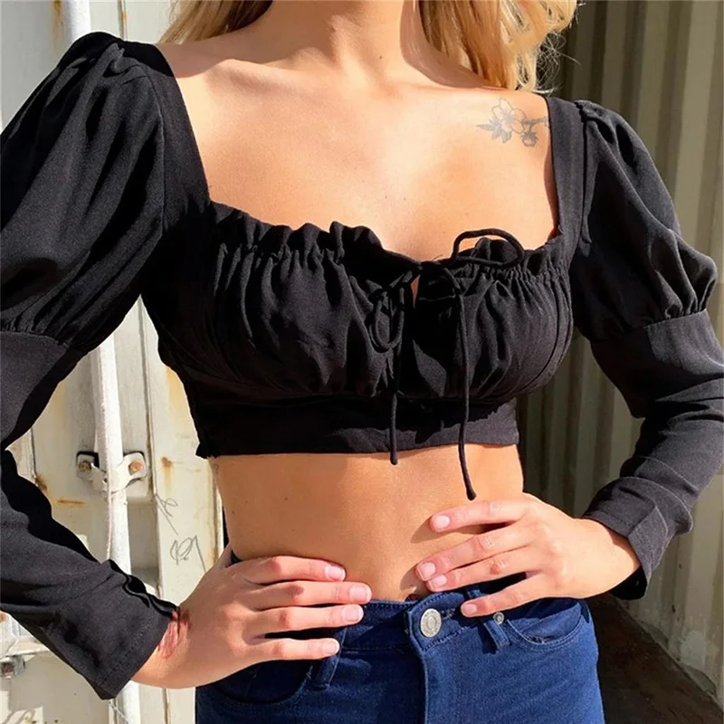 Black T Shirts Tops Women Lace Up Long Puff Sleeve Short Mini Tops Square Neck Tee Shirt Femme Party Club Outfits Dropshipping
Black T Shirts Tops Women Lace Up Long Puff Sleeve Short Mini Tops Square Neck Tee Shirt Femme Party Club Outfits Dropshipping