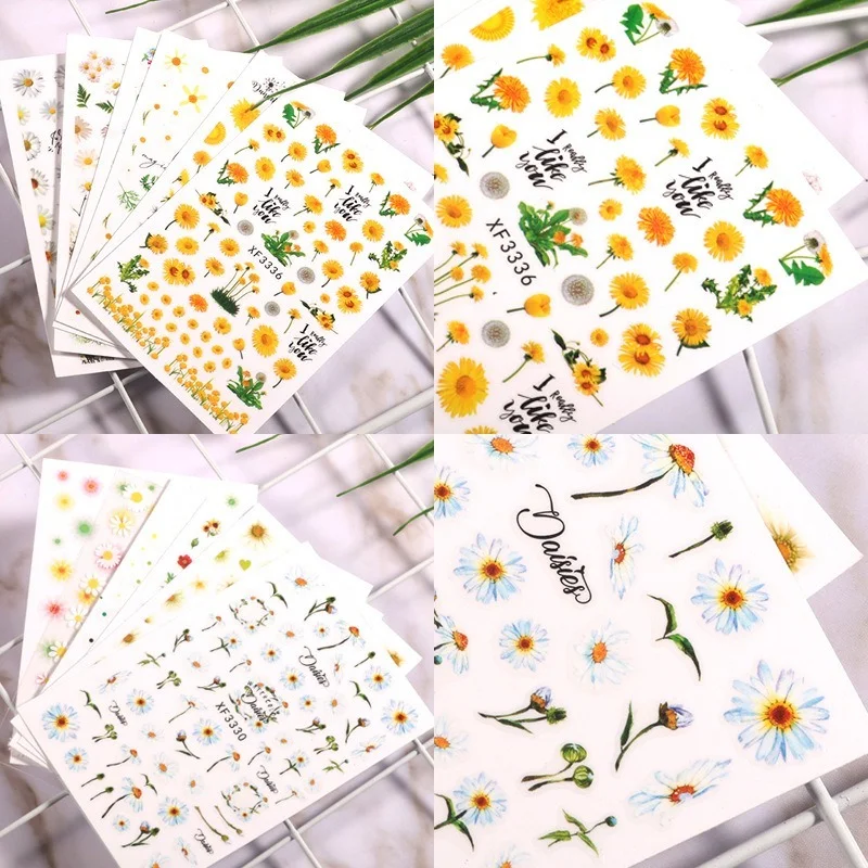 

6pcs/Lot 2022 Elegant Daisy Florals Nails Art Manicure Back Glue Decal Decorations Design Nail Sticker For Nails Tips Beauty Set