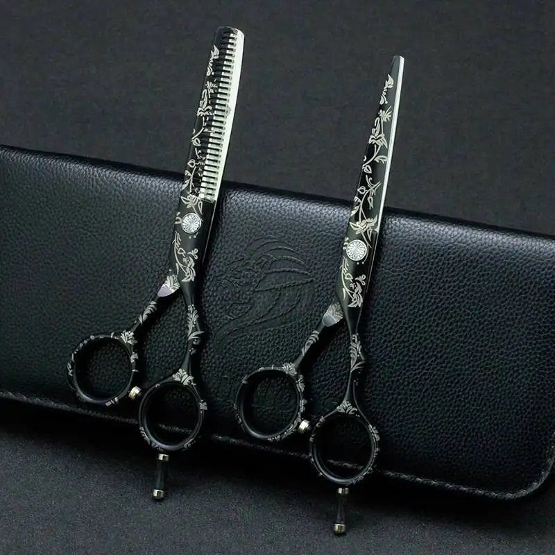 Floral Design Hairdressing Scissors With Printed Cape ;