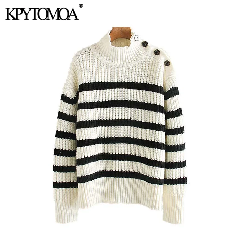 Vintage Stylish Striped Loose Knitted Sweater Women 2020 Fashion High Collar Long Sleeve Buttons Female Pullovers Chic Tops
Vintage Stylish Striped Loose Knitted Sweater Women 2020 Fashion High Collar Long Sleeve Buttons Female Pullovers Chic Tops