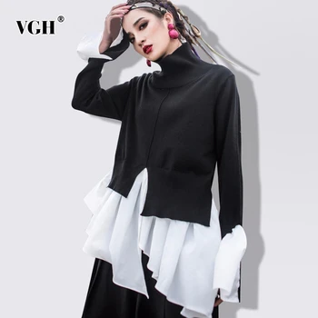 VGH Patchwork Hit Color Knitted Sweater For Women Turtleneck Flare Sleeve Irregular Hem Ruffle Sweaters Female 2020 Spring New
VGH Patchwork Hit Color Knitted Sweater For Women Turtleneck Flare Sleeve Irregular Hem Ruffle Sweaters Female 2020 Spring New