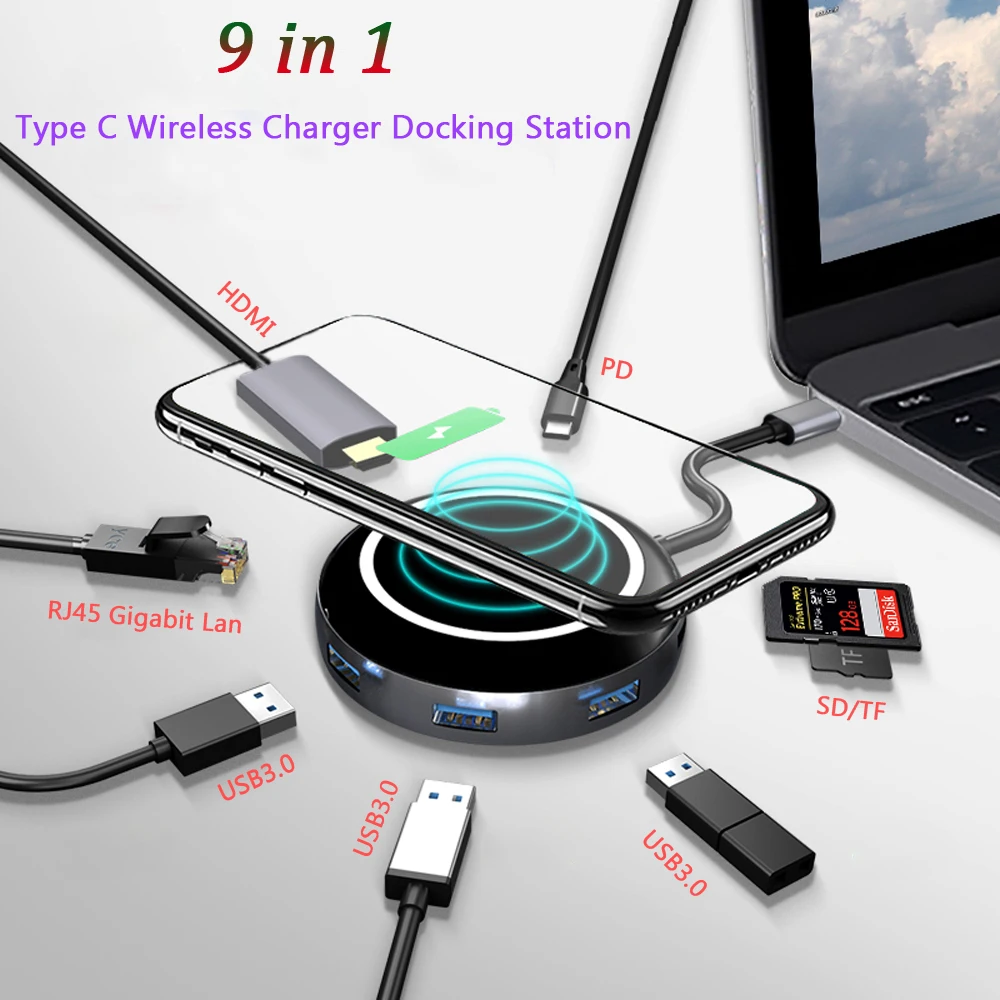 Type C Docking Station Hub with Wireless Charger USB 3.0 9 in 1 HDMI/Rj45 SD/TF Card for Samsung Huawei MacBook Type C Hub USB
Type C Docking Station Hub with Wireless Charger USB 3.0 9 in 1 HDMI/Rj45 SD/TF Card for Samsung Huawei MacBook Type C Hub USB