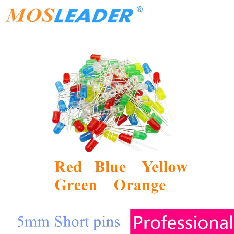 Mosleader DIP LED 5mm F5 1000PCS Red Blue Yellow Green Orange amber Light Lamp Short pins 15-17MM Round head Made in China | Электроника