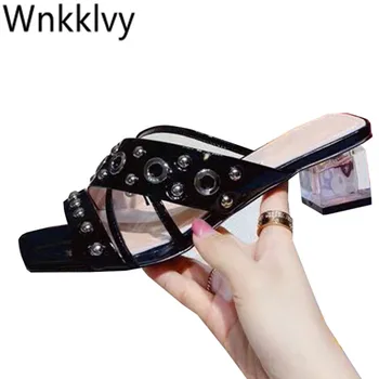 Women Sandals square toe crystal mid heels metal rivets string beaded clear pvc slippers crossover flipflops summer shoes
Women Sandals square toe crystal mid heels metal rivets string beaded clear pvc slippers crossover flipflops summer shoes