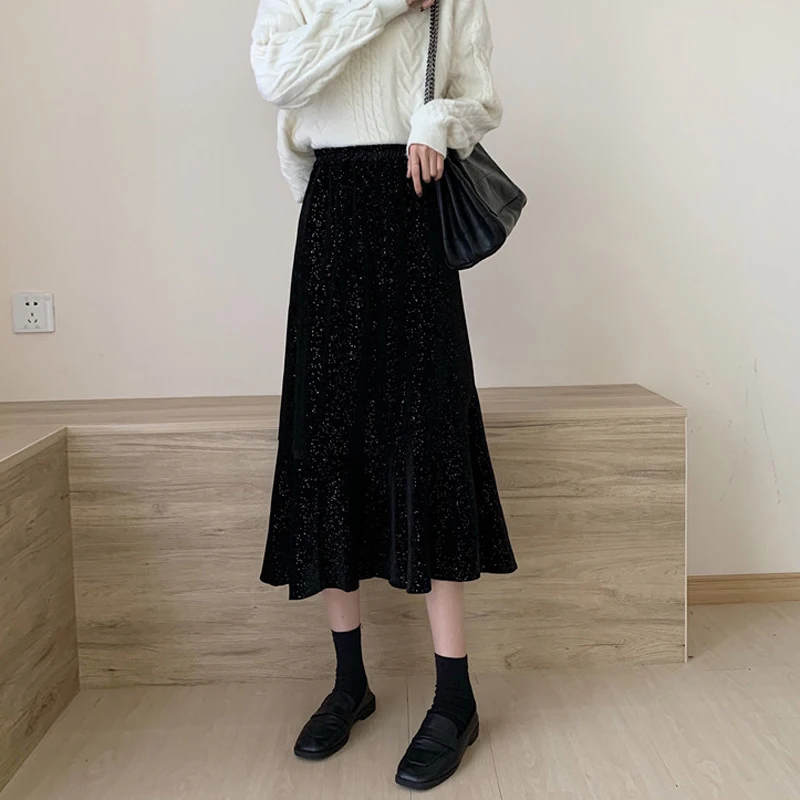 Sparkling velvet black Long skirt for women autumn and winter 2021 new retro temperament high waist mid-length a-line skirt
Sparkling velvet black Long skirt for women autumn and winter 2021 new retro temperament high waist mid-length a-line skirt