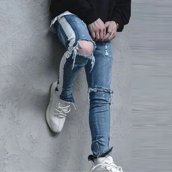 Mens Cool Designer Brand Side Striped Jeans Skinny Ripped Destroyed Stretch Slim Fit Hop Hop Pants With Holes For Men
Mens Cool Designer Brand Side Striped Jeans Skinny Ripped Destroyed Stretch Slim Fit Hop Hop Pants With Holes For Men
