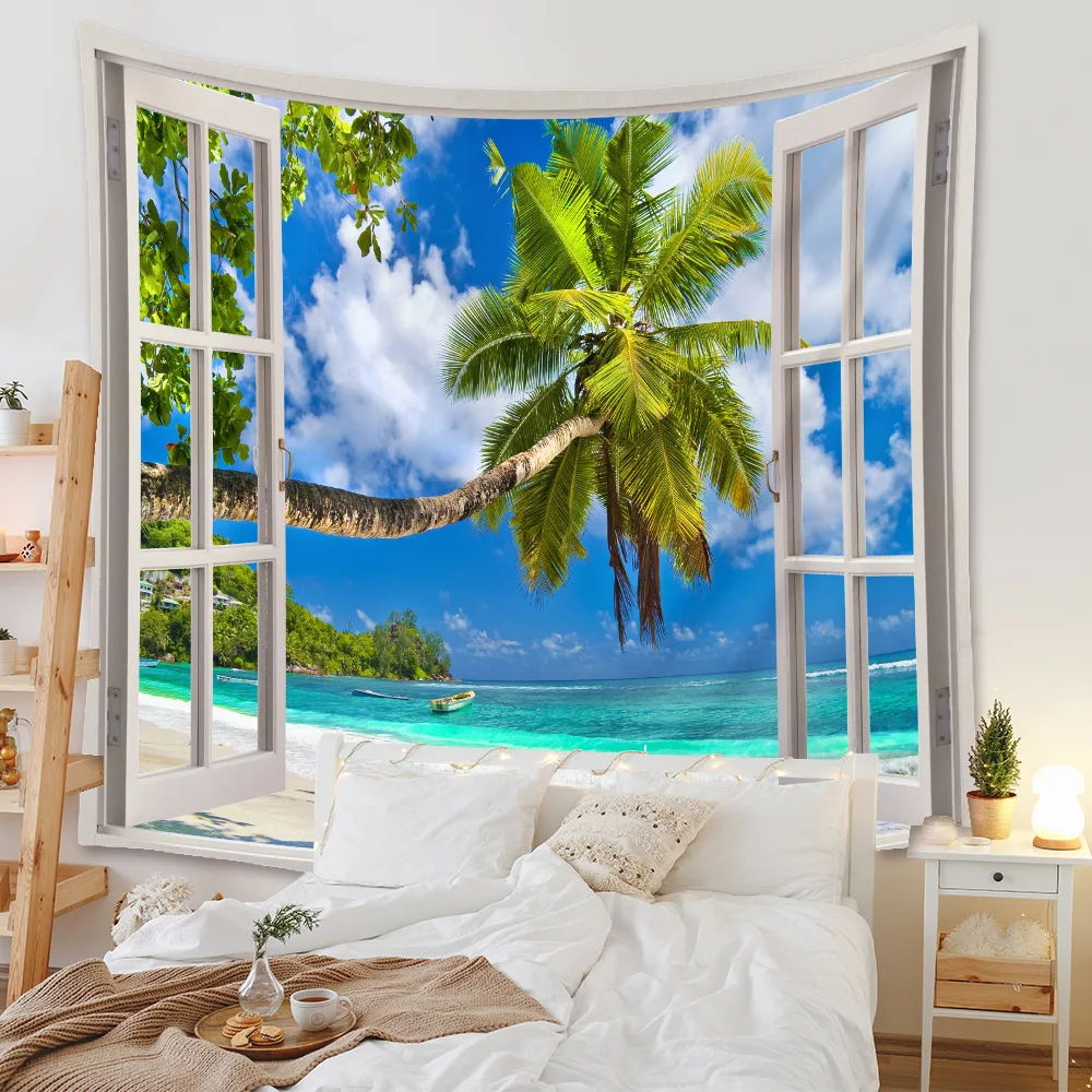 

Nature Sea Scenery Window Tapestry Wall Hanging Palm Tree Landscape Psychedelic Carpet Art Dorm Home Decor Wall Cloth Tapestries