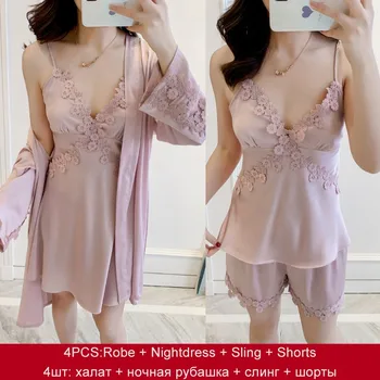 Casual Nightgown Women Sleepwear Satin 4PCS Robe Suit Kimono Bathrobe Gown Nightwear Sexy Intimate Lingerie Home Clothes
Casual Nightgown Women Sleepwear Satin 4PCS Robe Suit Kimono Bathrobe Gown Nightwear Sexy Intimate Lingerie Home Clothes