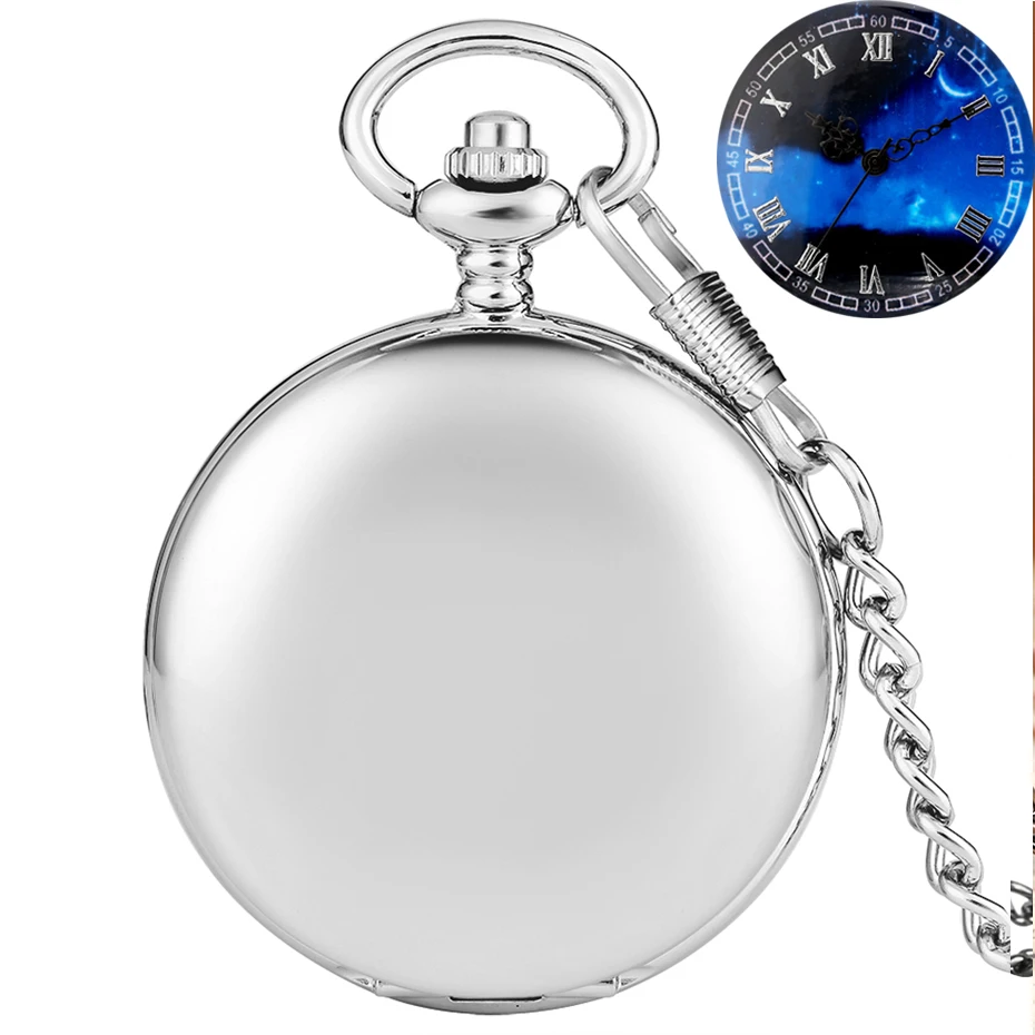 

Unique Starry Blue Dial Retro Black/Silver Smooth Face Quartz Pocket Watch Necklace Pendant Analog Souvenir Gifts for Men Women