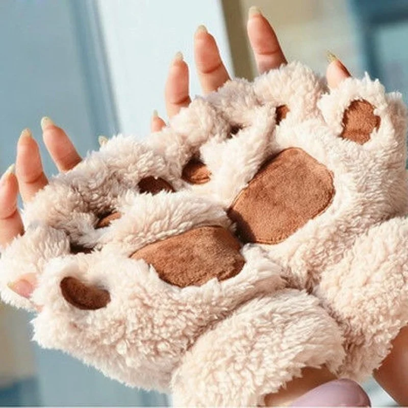 

Winter Gloves Women Lovely Fluffy Bear Fingerless Glove Black Mitten Girls Cute Cat Claw Soft Plush Half Finger Warm Glove Gift