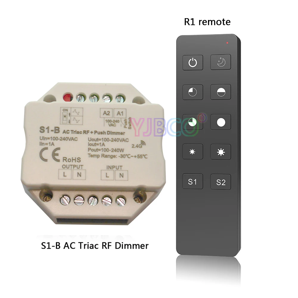 S1-B 100-240VAC Input voltage;Output 100-240VAC 1A Push Dimmer Switch Led Triac Dimmer Controller R1 2.4GHz Wireless Remote
S1-B 100-240VAC Input voltage;Output 100-240VAC 1A Push Dimmer Switch Led Triac Dimmer Controller R1 2.4GHz Wireless Remote