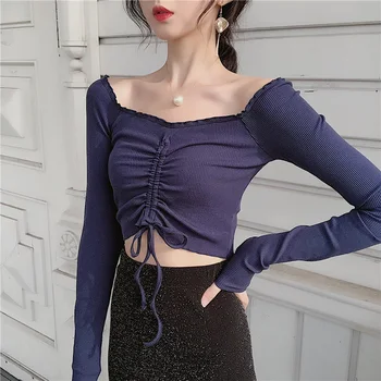 2019 Women Slim Full Sleeve Ruffled Slash Neck Cropped Tee Shirts Lady Stretchy Draw String Crop Tops T-shirts For Girls 
2019 Women Slim Full Sleeve Ruffled Slash Neck Cropped Tee Shirts Lady Stretchy Draw String Crop Tops T-shirts For Girls